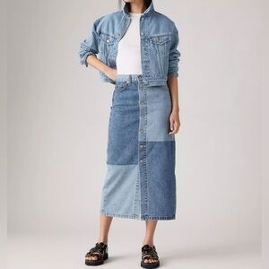 Levi's Premium Button Midi Jean Denim Skirt Size 31 Patch Design 100% Cotton New